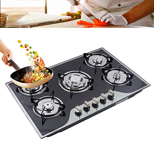 5 Flammen Gaskochfeld inkl Topfträger mit 5 Düsen Gehrtetem Schwarz LPG/NG Gas Cooktop Built-in Geeignet für Erdgas oder Propangas von kangten