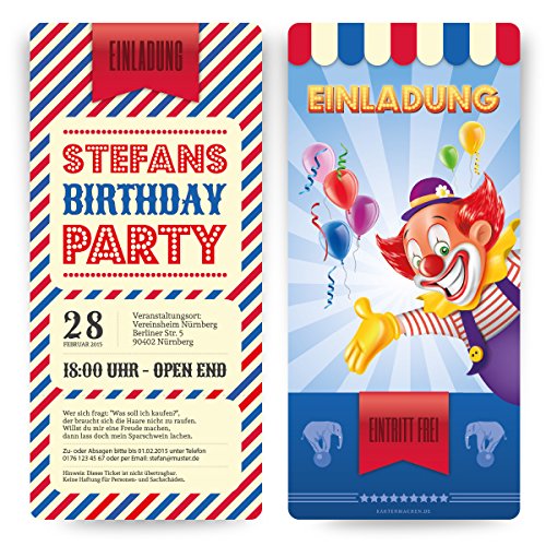 Einladungskarten zum Geburtstag (20 Stück) als Zirkus Ticket Eintrittskarte Clown Jahrmarkt von kartenmachen.de