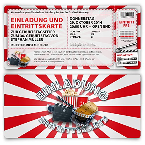 Einladungskarten zum Geburtstag (30 Stück) als Kino Ticket Eintrittskarte Film Theater von kartenmachen.de