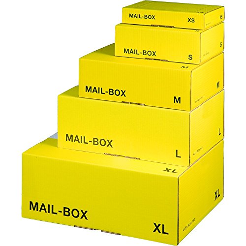 karton-billiger Mail-Box Versandschachtel, XS, S, M, L, XL in 3 Farben, 20Stück (L - 395x248x141mm, gelb) von karton-billiger