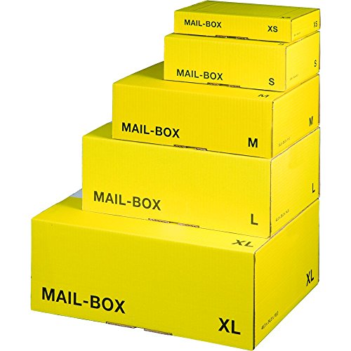 karton-billiger Mail-Box Versandschachtel, XS, S, M, L, XL in 3 Farben, 20Stück (M - 331x241x104mm, gelb) von karton-billiger