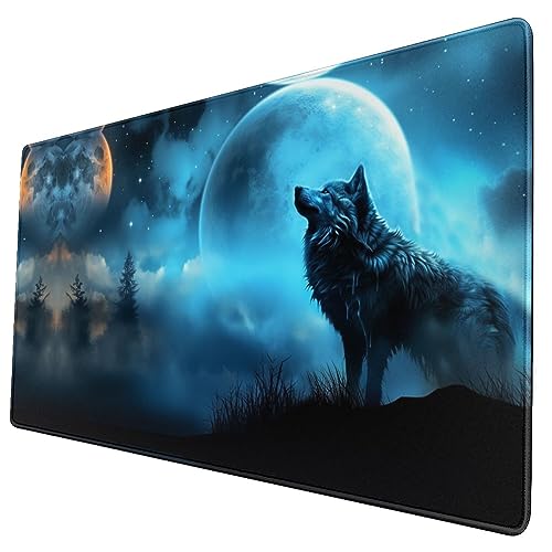 Großes Gaming-Mauspad, niedliches Tastatur-Pad, cooler Wolf & Mond, Schreibtischunterlage für Büro, Zuhause, erweitertes Mauspad mit genähten Kanten, 39,5 x 74,1 cm von kasdfms