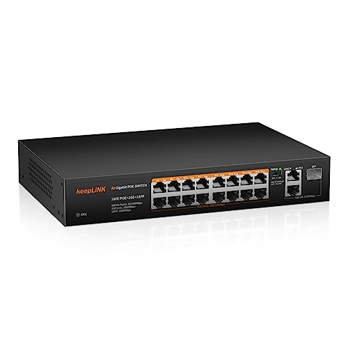 keepLiNK 18 Port PoE Switch mit 16 100Mbps PoE+ Ports 240W, 2 Gigabit Uplink Ports, 1 1000Mbps SFP Slot, IEEE-802.3af/at, Robustes Metallgehäuse lüfterlos Plug-and-Play von keepLiNK