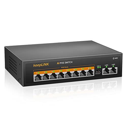 keepLiNK PoE Switch 10 Port LAN Switch mit 8 PoE+ Ports 100Mbps, 2 Uplink Ports 100Mbps, 120W 802.3af/at, 250m Extend, Lüfterlos, Plug-and-Play, Robustes Metallgehäuse von keepLiNK