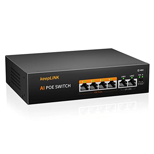 keepLiNK PoE Switch 6 Port 100Mbit/s LAN Switch mit 4 PoE+ Ports, 2 Uplink Ports 100Mbps, 802.3af/at, 65W PoE+, 250m Extend, Lüfterlos, Plug-and-Play, Metallgehäuse von keepLiNK
