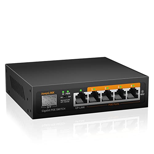 keepLiNK PoE Switch 6 Port Gigabit LAN Switch mit 4 Gigabit PoE+ Ports, 1 Gigabit Uplink, 1 1.25G SFP Slot, 52W 802.3af/at, VLAN-Modus, AI-Watchdog, Plug-and-Play, Lüfterlos, Metallgehäuse von keepLiNK