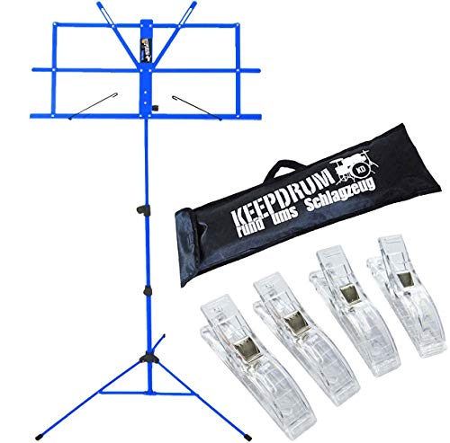 keepdrum MUS2 BL Notenständer Blau + Tasche + 4 Stück Clip Notenklammer von keepdrum