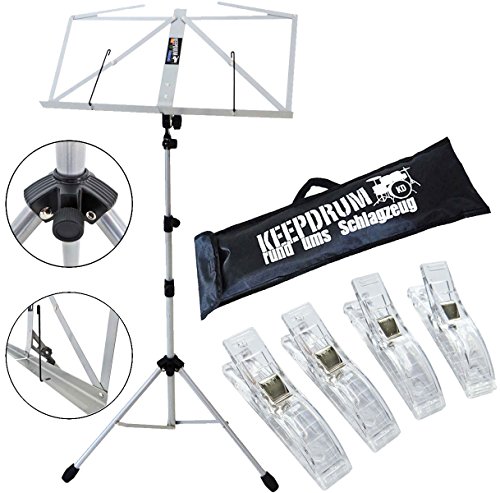 keepdrum MUS3 SV Notenständer Notenpult Silver Silber-farben mit Tasche + Clip Notenklammer 4 Stück von keepdrum