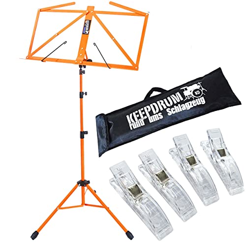 keepdrum MUS3OR Notenstaender Orange + Tasche + 4 Stück Clip Notenklammer von keepdrum