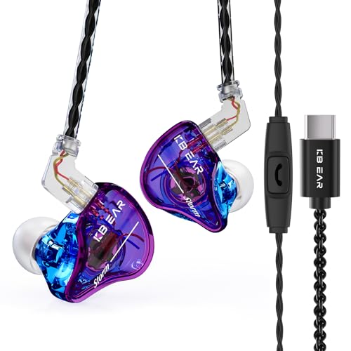 keephifi Kbear Storm USB-C-In-Ear-Kopfhörer, kabelgebunden, 10 mm, dynamischer Treiber, IEM mit abnehmbarem Kabel, für Sänger, Musiker, Audiophile (Pink / Blau, mit Mikrofon) von keephifi