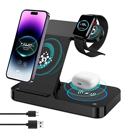 Kabelloses Ladegerät, 4 in 1 Kabellose Ladestation 15 W, Schneller Wireless Charger für iPhone 14 13 12 11 Pro Max/Plus/XR XS X Ladestation, Kompatibel mit Apple Watch/Airpods 3/2 Pro von kieyeeno