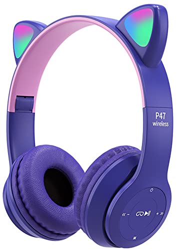 kieyeeno Kabellose Bluetooth-Kopfhörer, faltbar, kabelloses Audio, für Kinder, Erwachsene, niedliches Katzenohren, Stereo-Mikrofon, Audiokopfhörer für Jungen, Kinder, Mädchen, für PC, Violett von kieyeeno