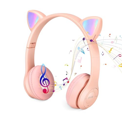 kieyeeno Kinder-Kopfhörer, kabellos, Bluetooth, mit Katzenohren, faltbar, mit eingebautem Mikrofon, Geschenk für Kinder, Mädchen, Geburtstag (Rosa) von kieyeeno