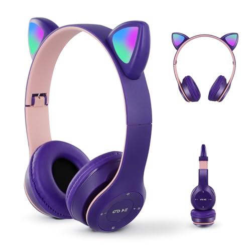 kieyeeno Kinder kopfhörer, Bluetooth 5.0 Over-Ear Katzenohren Kopfhörer mit LED Licht, SD Kartenschlitz und 3.5mm Loch für Audiokabel, Faltbarer Gaming Headset Katzenohren für Schule Reisen (Lila) von kieyeeno