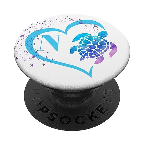 Blauer Buchstabe N Initiale Schildkröte Regenbogen Herz Monogramm PopSockets mit austauschbarem PopGrip von kimiqueMonogram