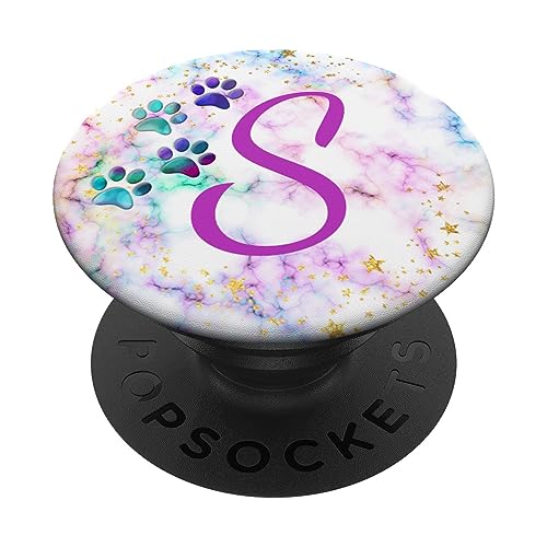 Lila Monogramm Buchstabe S Initiale Regenbogen Katze Hund Pfotenabdrücke PopSockets mit austauschbarem PopGrip von kimiqueMonogram