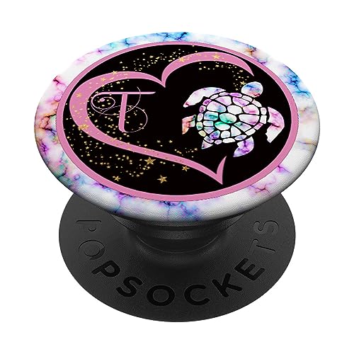 Rosa Buchstabe T Initiale Aquarell Schildkröte Herz Monogramm PopSockets mit austauschbarem PopGrip von kimiqueMonogram