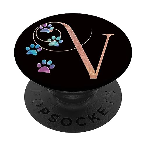 Rosa Monogramm Buchstabe V Initiale Katze Hund Regenbogen Pfote PopSockets mit austauschbarem PopGrip von kimiqueMonogram