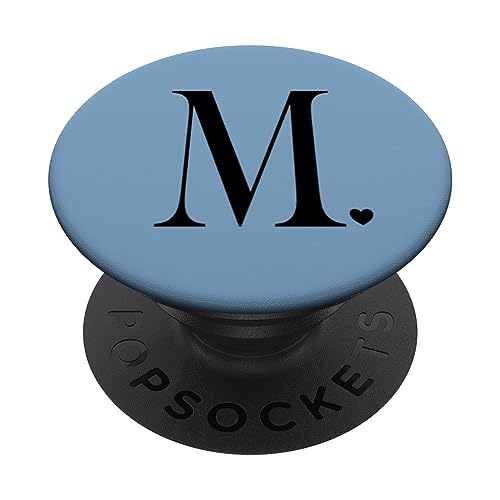 Schwarzer Buchstabe M Initiale Herz Monogramm Blau PopSockets mit austauschbarem PopGrip von kimiqueMonogram