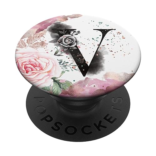 Schwarzer Buchstabe V Initiale Rosa Blume Monogramm PopSockets mit austauschbarem PopGrip von kimiqueMonogram