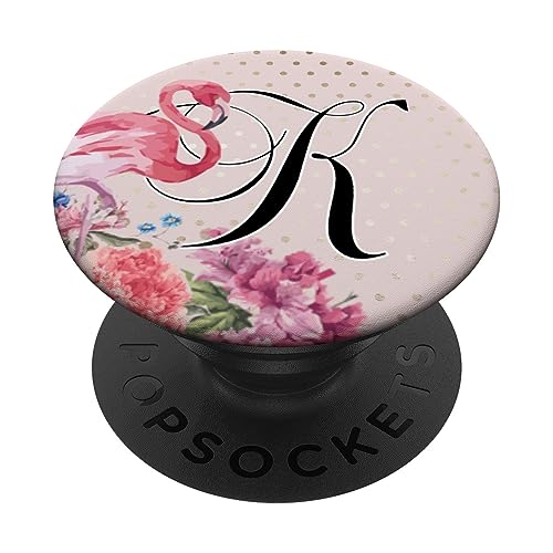 Schwarzer Monogramm Buchstabe K Initiale Pink Flamingo PopSockets mit austauschbarem PopGrip von kimiqueMonogram