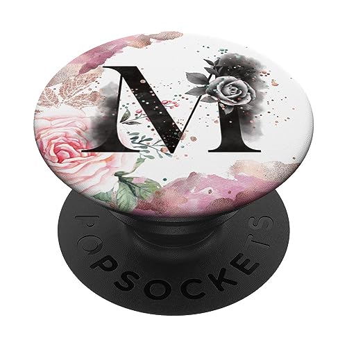 Schwarzer Monogramm-Buchstabe M, Initiale rosa Blume PopSockets Klebender PopGrip von kimiqueMonogram