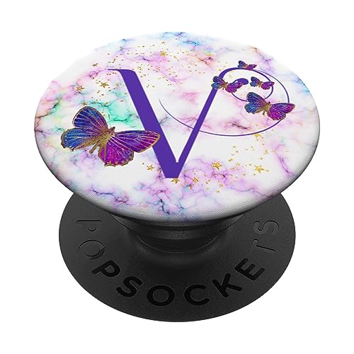 Violetter Schmetterling Buchstabe V Initiale Monogramm PopSockets mit austauschbarem PopGrip von kimiqueMonogram