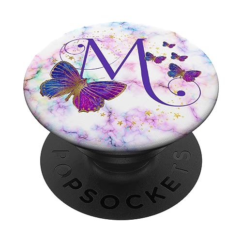 Violetter Schmetterlings-Buchstabe M, Initiale Monogramm PopSockets Klebender PopGrip von kimiqueMonogram