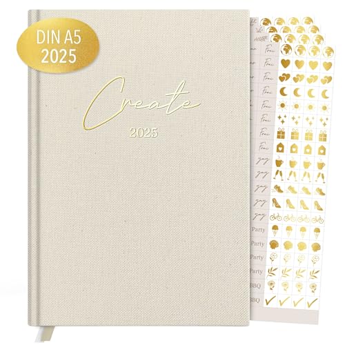 KIND OF HAZEL® Terminplaner 2025 A5 Beige + Sticker Set | Hochwertiger Kalender 2025 Planer mit Goldfolienprägung | To Do Liste Daily Journal 2025 Tagebuch für Erwachsene von kind of hazel