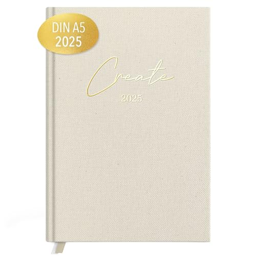 KIND OF HAZEL® Terminplaner 2025 A5 Beige | Hochwertiger Kalender 2025 Planer mit Goldfolienprägung | Notizbuch A5 Organisieren | To Do Liste Daily Journal 2025 Tagebuch für Erwachsene von kind of hazel