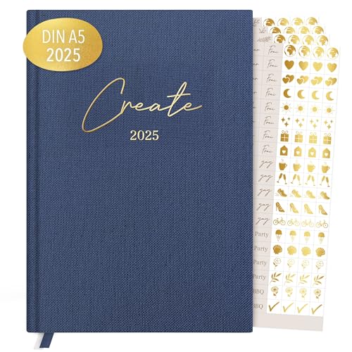 KIND OF HAZEL® Terminplaner 2025 A5 Blau + Sticker Set | Hochwertiger Kalender 2025 Planer mit Goldfolienprägung | To Do Liste Daily Journal 2025 Tagebuch für Erwachsene von kind of hazel