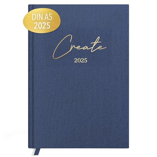 KIND OF HAZEL® Terminplaner 2025 A5 Blau | Hochwertiger Kalender 2025 Planer mit Goldfolienprägung | Notizbuch A5 Organisieren | To Do Liste Daily Journal 2025 Tagebuch für Erwachsene von kind of hazel