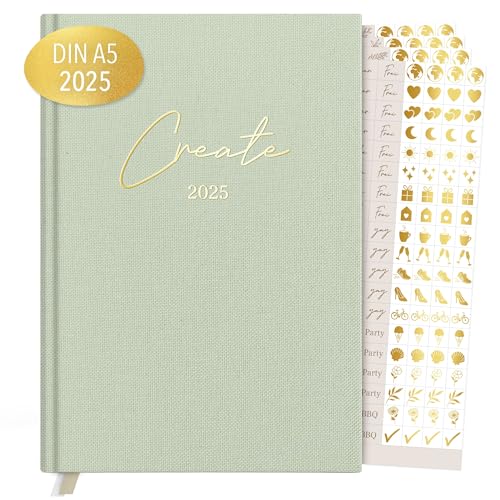KIND OF HAZEL® Terminplaner 2025 A5 Khaki + Sticker Set | Hochwertiger Kalender 2025 Planer mit Goldfolienprägung | To Do Liste Daily Journal 2025 Tagebuch für Erwachsene von kind of hazel