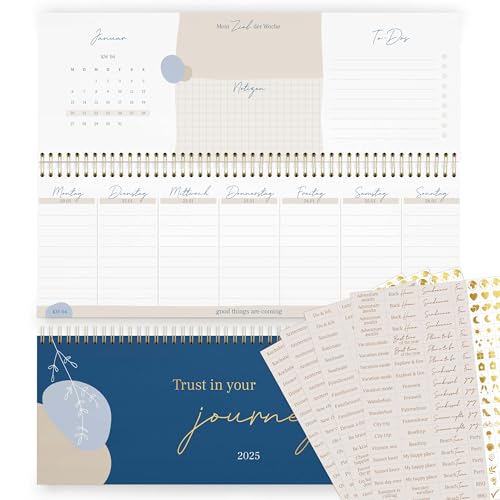 KIND OF HAZEL® Tischkalender 2025 Blau + Sticker Set I Tischkalender 2025 Quer mit To Do Listen & Notizen I Hochwertiger Stehkalender Wochenplaner mit Goldfolienprägung | Schreibtisch Kalender 2025 von kind of hazel