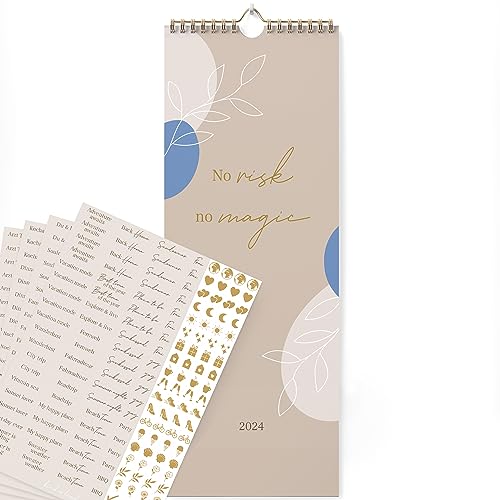 KIND OF HAZEL® Wandkalender 2024 "No Risk, No Magic” Beige + Sticker Set I Familienkalender 2024 3 Spalten mit Goldfolienprägung I Kalender Familienplaner 2024 | Kalender 2024 Familien Organizer von kind of hazel