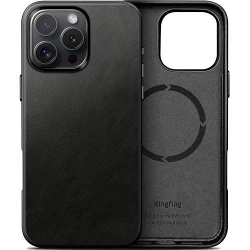 kingflag Leder Hülle für iPhone 16 Pro Max 6,9 Zoll Ölwachs-Oberleder Handyhülle extra Dünn Kompatibel mit MagSafe Metallknöpfen (Vintage Schwarz) von kingflag