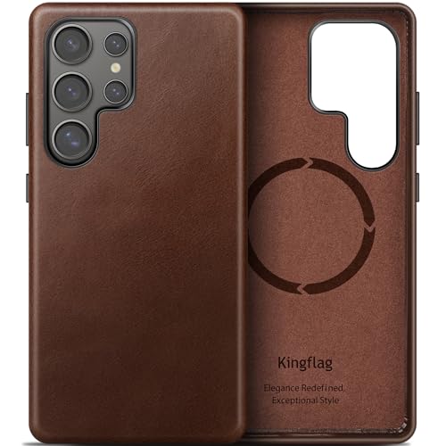 kingflag Leder Hülle für Samsung Galaxy S25 Ultra Ölwachs-Oberleder Handyhülle extra Dünn Kompatibel mit MagSafe Metallknöpfen (Vintage Braun, S25 Ultra) von kingflag