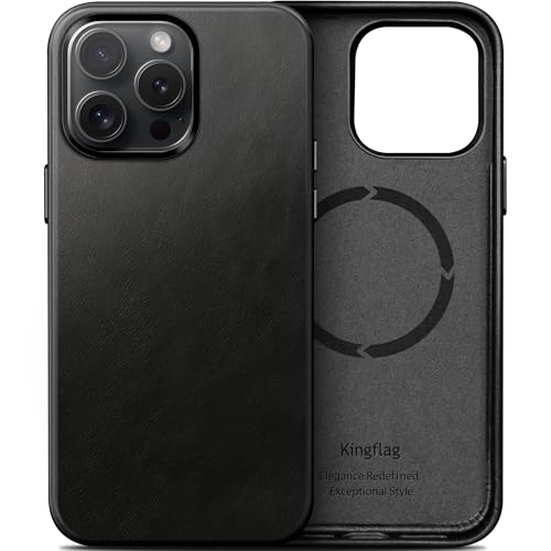 kingflag Leder Hülle für iPhone 13 Pro 6,1 Zoll Ölwachs-Oberleder Handyhülle extra Dünn Kompatibel mit MagSafe Metallknöpfen (Vintage Schwarz) von kingflag