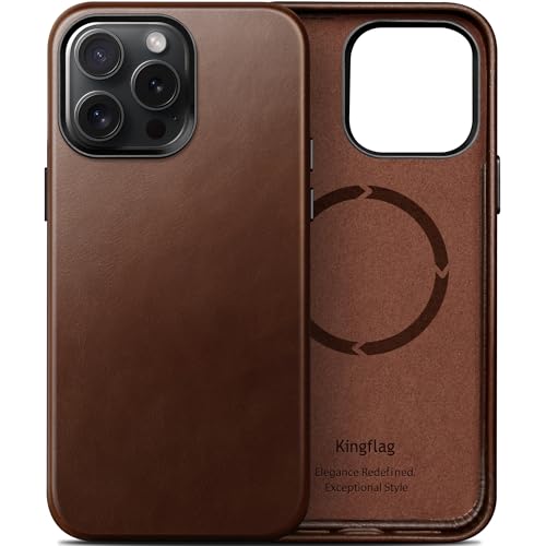 kingflag Leder Hülle für iPhone 13 Pro Max 6,7 Zoll Ölwachs-Oberleder Handyhülle extra Dünn Kompatibel mit MagSafe Metallknöpfen (Vintage Braun) von kingflag
