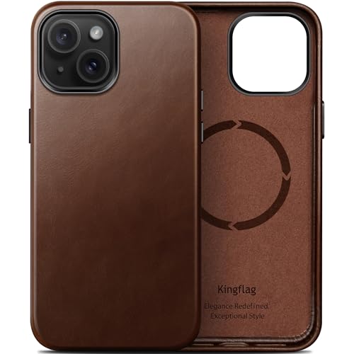 kingflag Leder Hülle für iPhone 14 6,1 Zoll Ölwachs-Oberleder Handyhülle extra Dünn Kompatibel mit MagSafe Metallknöpfen (Vintage Braun) von kingflag