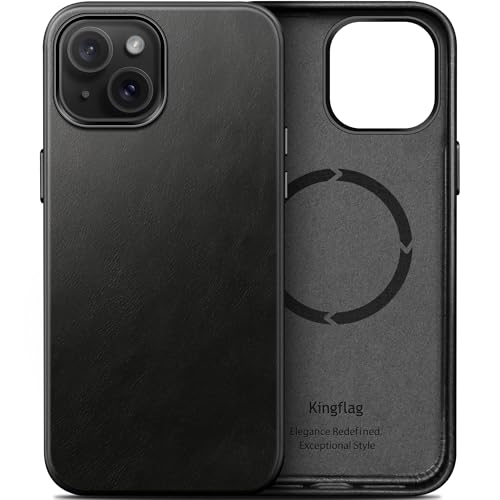 kingflag Leder Hülle für iPhone 14 6,1 Zoll Ölwachs-Oberleder Handyhülle extra Dünn Kompatibel mit MagSafe Metallknöpfen (Vintage Schwarz) von kingflag