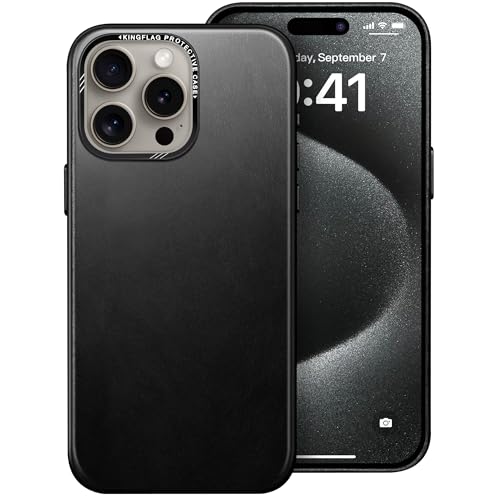 kingflag Leder Hülle für iPhone 15 Pro Max 6,7 Zoll - Ölwachs-Oberleder Handyhülle extra Dünn Kompatibel mit MagSafe Metallknöpfen (Vintage Schwarz) von kingflag