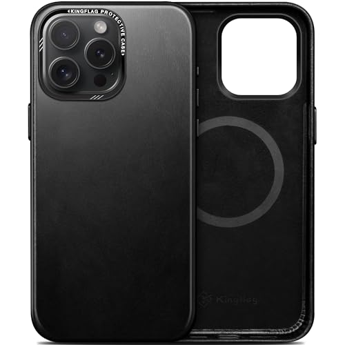 kingflag Leder Hülle für iPhone 15 Pro Max - Ölwachs-Oberleder Handyhülle extra Dünn Kompatibel mit MagSafe Metallknöpfen (Schwarz) von kingflag