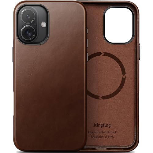 kingflag Leder Hülle für iPhone 16 6,1 Zoll Ölwachs-Oberleder Handyhülle extra Dünn Kompatibel mit MagSafe Metallknöpfen (Vintage Braun) von kingflag