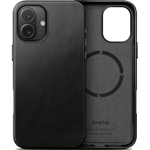 kingflag Leder Hülle für iPhone 16 6,1 Zoll Ölwachs-Oberleder Handyhülle extra Dünn Kompatibel mit MagSafe Metallknöpfen (Vintage Schwarz) von kingflag