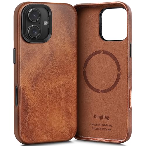 kingflag Leder hülle für iPhone 16 6,1 Zoll mit integrierter Versteck Ständer, Kompatibel mit MagSafe, Kratzfeste Handyhülle aus Vintage-Textur-Ölwachs-Rindsleder, Extra Dünn, mit Metallknöpfen kingflag Leder hülle für iPhone 16 6,1 Zoll mit integrierter Versteck Ständer, Kompatibel mit MagSafe, Kratzfeste Handyhülle aus Vintage-Textur-Ölwachs-Rindsleder, Extra Dünn, mit Metallknöpfen von kingflag