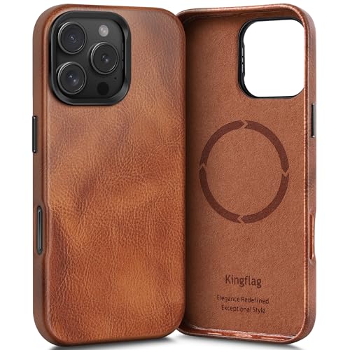 kingflag Leder hülle für iPhone 16 Pro Max mit integrierter Versteck Ständer, Kompatibel mit MagSafe, Kratzfeste Handyhülle aus Vintage-Textur-Ölwachs-Rindsleder, Extra Dünn, mit Metallknöpfen kingflag Leder hülle für iPhone 16 Pro Max mit integrierter Versteck Ständer, Kompatibel mit MagSafe, Kratzfeste Handyhülle aus Vintage-Textur-Ölwachs-Rindsleder, Extra Dünn, mit Metallknöpfen von kingflag