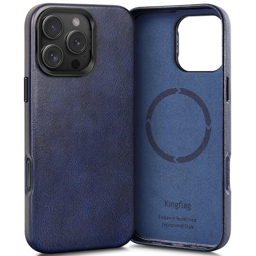 kingflag Leder hülle für iPhone 16 Pro Max mit integrierter Versteck Ständer, Kompatibel mit MagSafe, Kratzfeste Handyhülle aus Vintage-Textur-Ölwachs-Rindsleder, Extra Dünn, mit Metallknöpfen von kingflag