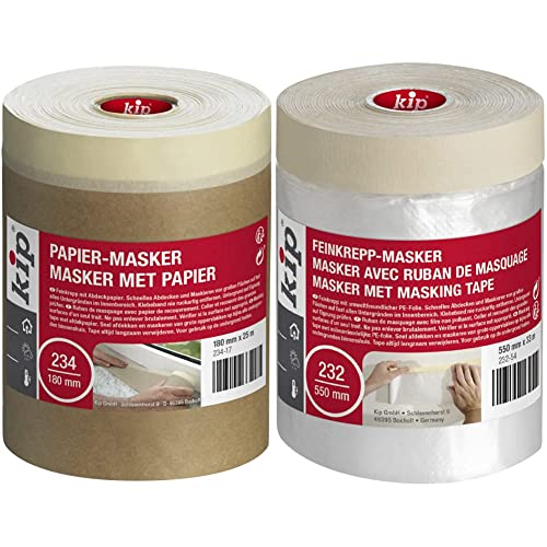 kip Abdeckmaterial für Oberflächenschutz 180 mm x 25 m & Tape 232-54 Feinkrepp-Masker – Abdeckfolie mit Kreppband zum Streichen & Lackieren – Schutz vor Farbflecken – 550mm x 33m von kip