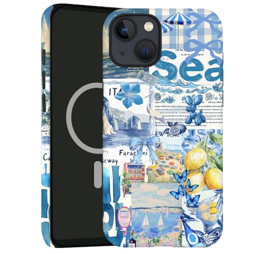 kiritfox Magnetische Schutzhülle für iPhone 14 Plus, 2-lagige Hybrid-Hartschale, stoßfest für Mädchen und Frauen [kompatibel mit MagSafe] – Sommer-Collage, blaue Schleife, Zitrone von kiritfox